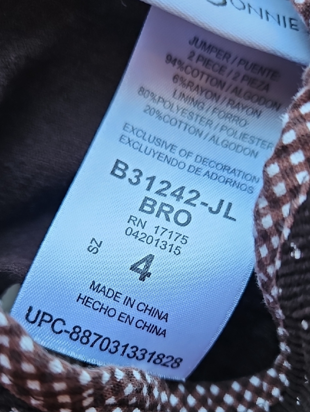 Bonnie Jean Brown Polka Dot Corduroy Dress with Orange & Green Ribbon Turkey 4 - Picture 4 of 7